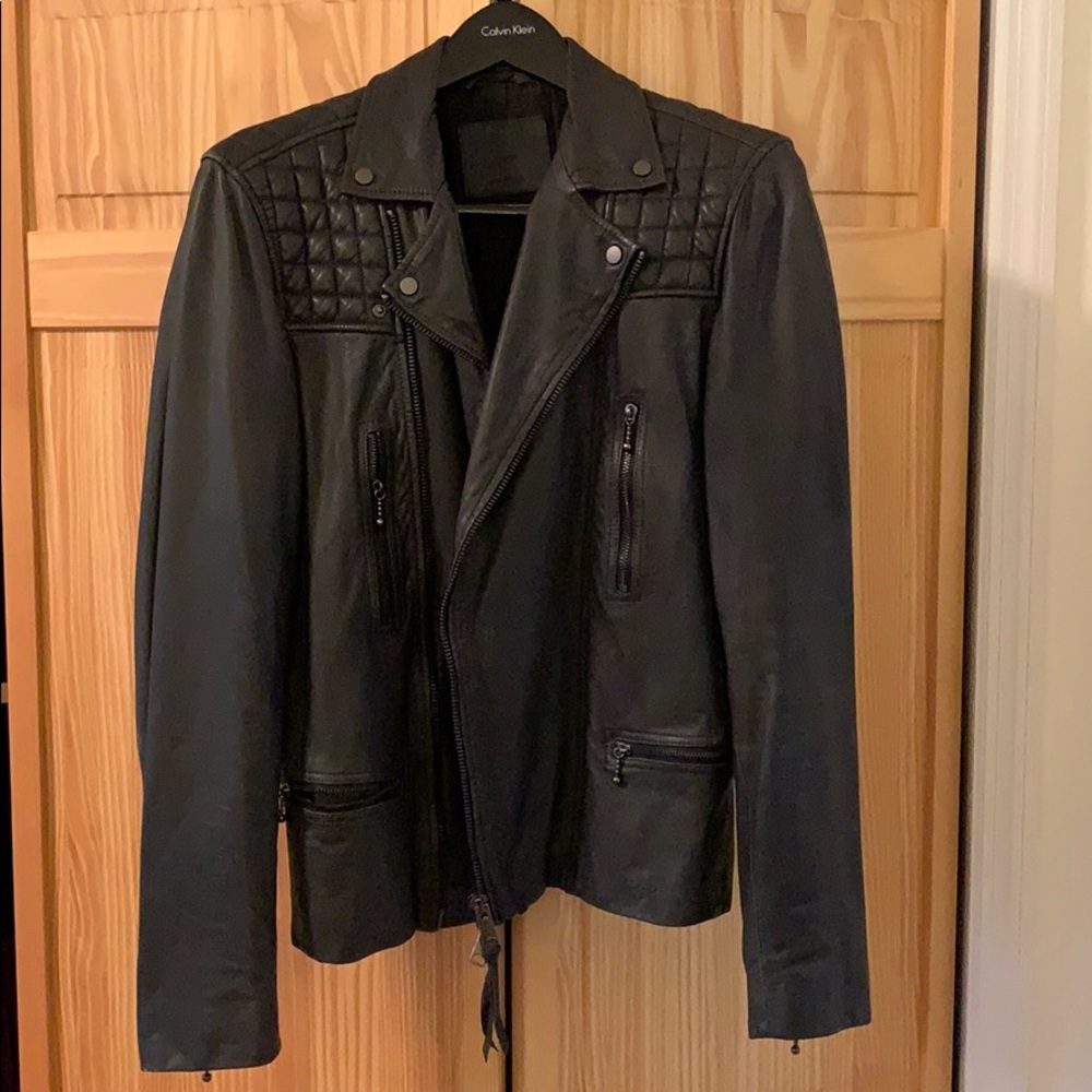 All saints men’s leather jacket (grey) size S